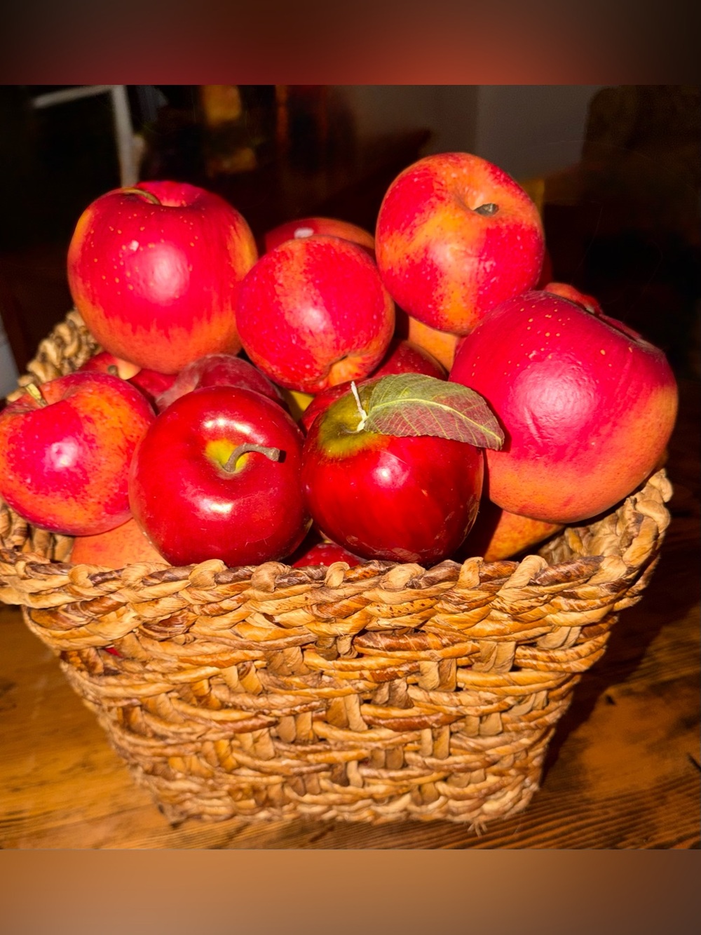 Rustic Woven Basket with Red Decorative Apples -